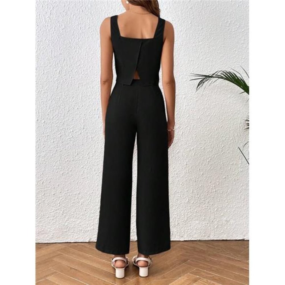 Solid Color Crop Top And Long Pants Vacation Woven Two Piece Set - Picture 2 of 5
